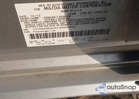 2012 Mazda Mazda6 I Touring z USA, uszkodzony, nr VIN 1YVHZ8DHXC5M25993